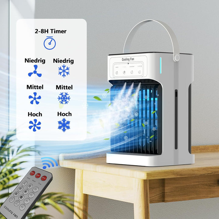 Mobile Klimaanlage,Mini Luftkühler mit Wasserkühlung und 1100ML Wassertank, 3 Luftgeschwindigkeiten