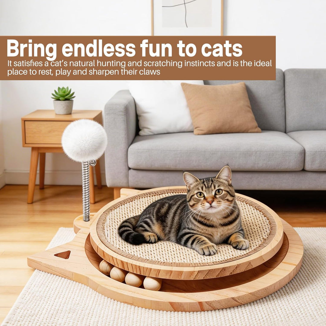 3-IN-1 Kratzbrett Katze Holz, Katzenkratzbrett mit Natürlicher Sisalmatt kratzmöbel Katze mit kugelb