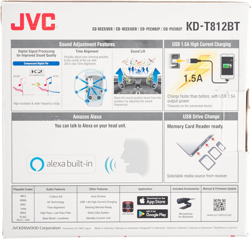 JVC KD-T812BT CD-Receiver mit BT-Freisprecheinrichtung (Alexa built-in, Hochleistungstuner, Soundpro