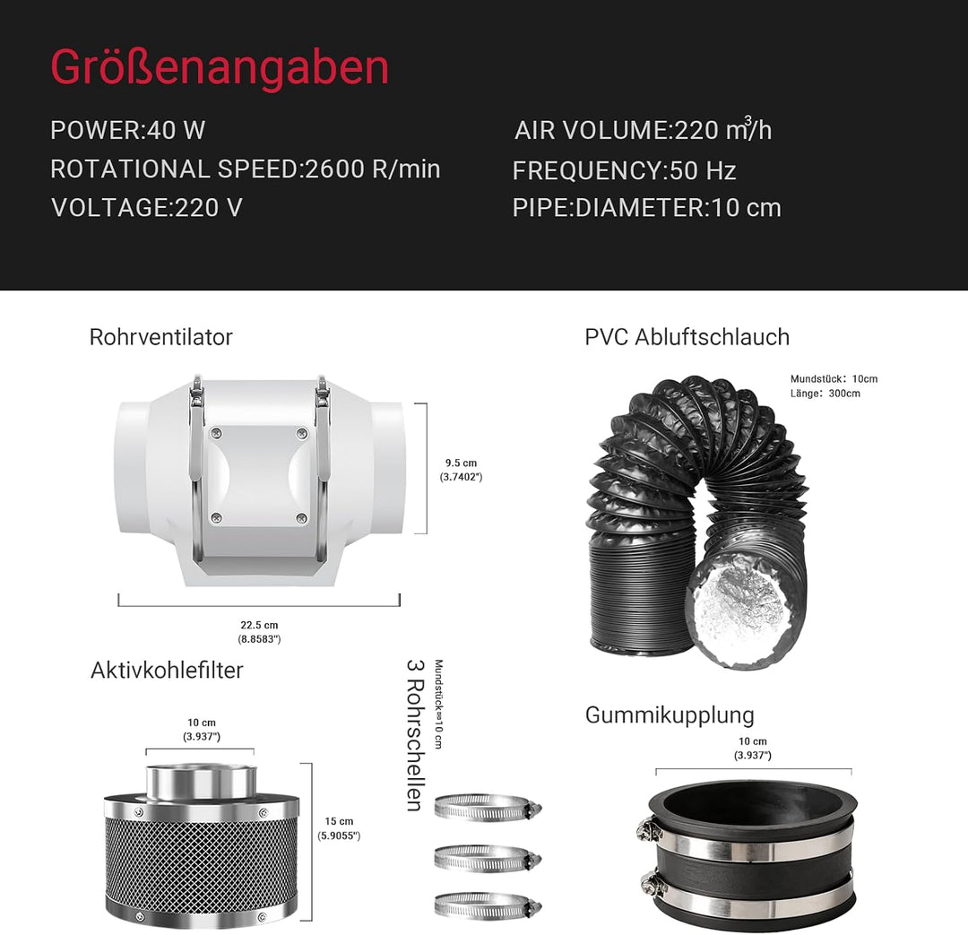 Regelbar Rohrventilator 100mm Set 220 m³/h Abluftset mit Drehzahlgeregelt Abluftventilator,Aktivkohl