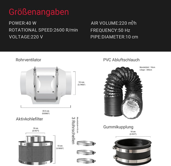 Regelbar Rohrventilator 100mm Set 220 m³/h Abluftset mit Drehzahlgeregelt Abluftventilator,Aktivkohl