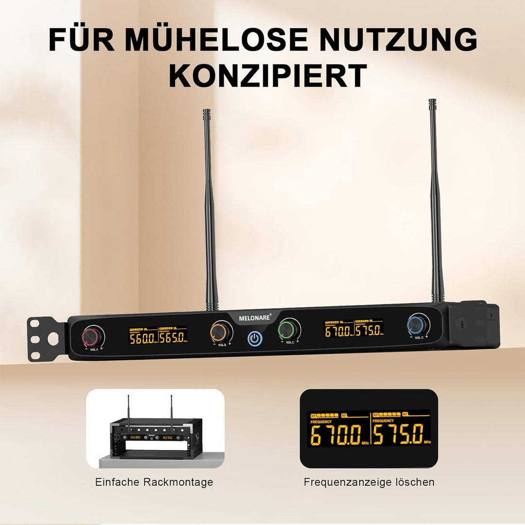 4-Kanal Wireless Mikrofon System, UHF Rackmount Kabelloses Mikrofon Set mit 4X 10 Frequenzen, 260ft