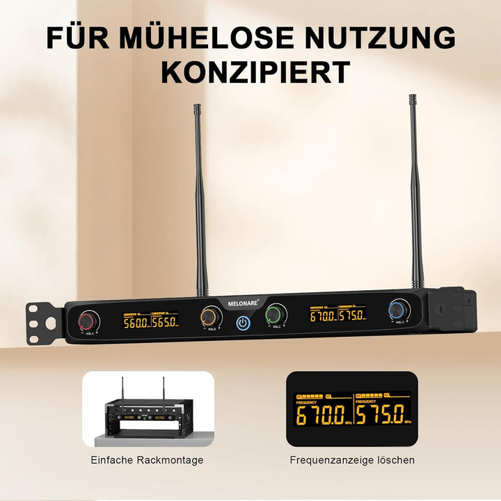 4-Kanal Wireless Mikrofon System, UHF Rackmount Kabelloses Mikrofon Set mit 4X 10 Frequenzen, 260ft