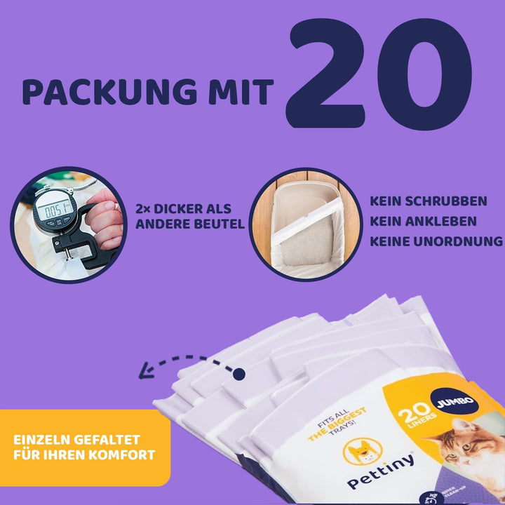 Pettiny Jumbo Katzentoilettenbeutel mit Zugbändern – 20er Pack Kratzfeste Tüten für Riesige Katzento
