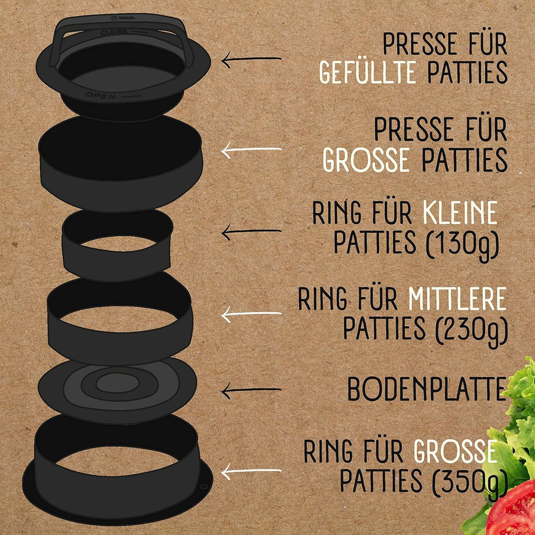 Burgerpresse mit 100 Blatt Burger Papier, 4 Patty Grössen inkl. Gefüllte Patties und XXL, Burger Pat
