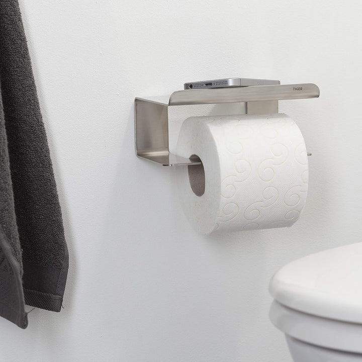 Tiger Colar Toilettenpapierhalter mit Ablage zum Kleben, Edelstahl gebürstet, mit integrierter Klebe