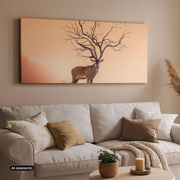 Panorama Bilder auf Leinwand 100x40cm Leinwandbild Hirsch Baum Nebel Wald Gross Wanddeko Bild Schlaf