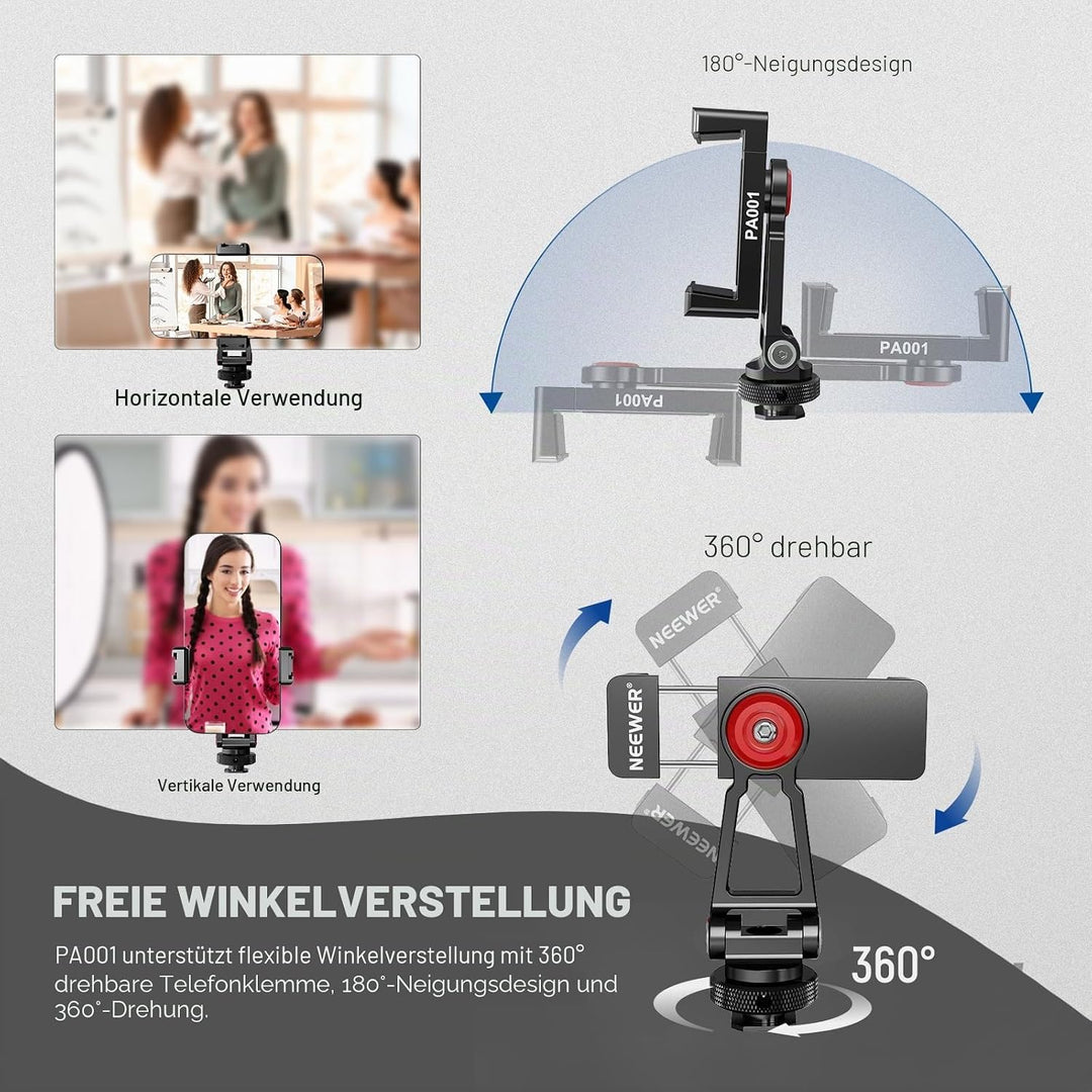 Neewer Metall Handy Stativ Mount Adapter mit Cold Shoe Base,360°Handyhalterung mit 2 Kaltschuh-Halte
