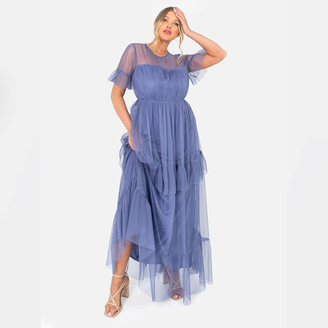 Anaya with Love Damen Ladies Maxi Dress Women Tiered Back Keyhole Mesh Short Sleeve Ruffle for Weddi
