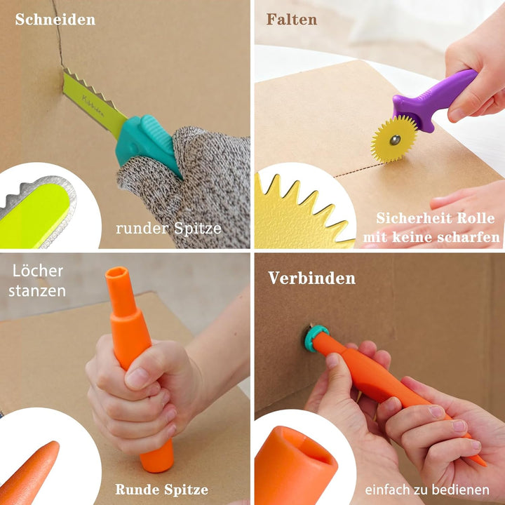 Kibbidea Karton-Baukasten für Kinder (170 Teile), Werkzeugkasten aus recycelter Pappe, Kreatives STE