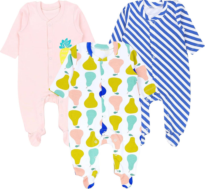TupTam Baby Mädchen Schlafstrampler mit Fuss 3er Pack 50 Blau Aprikose Streifen Früchte, 50 Blau Apr