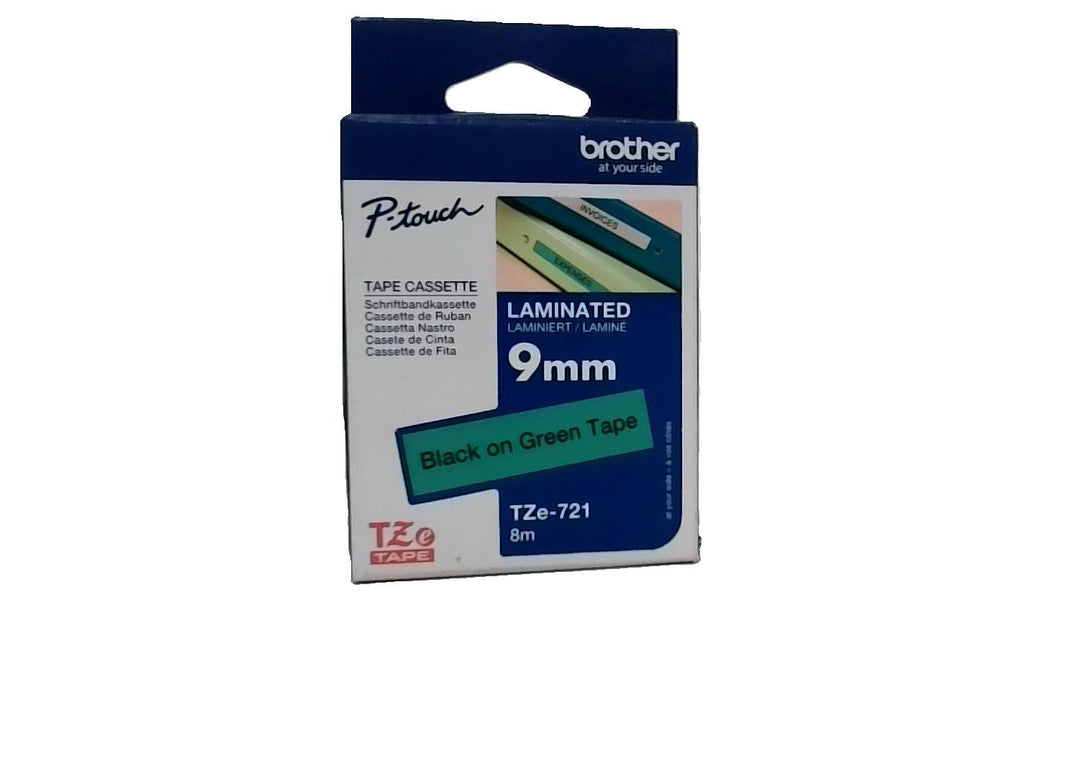 Brother Original P-touch Schriftband TZe-721 9 mm, schwarz auf grün (kompatibel u.a. mit Brother P-t