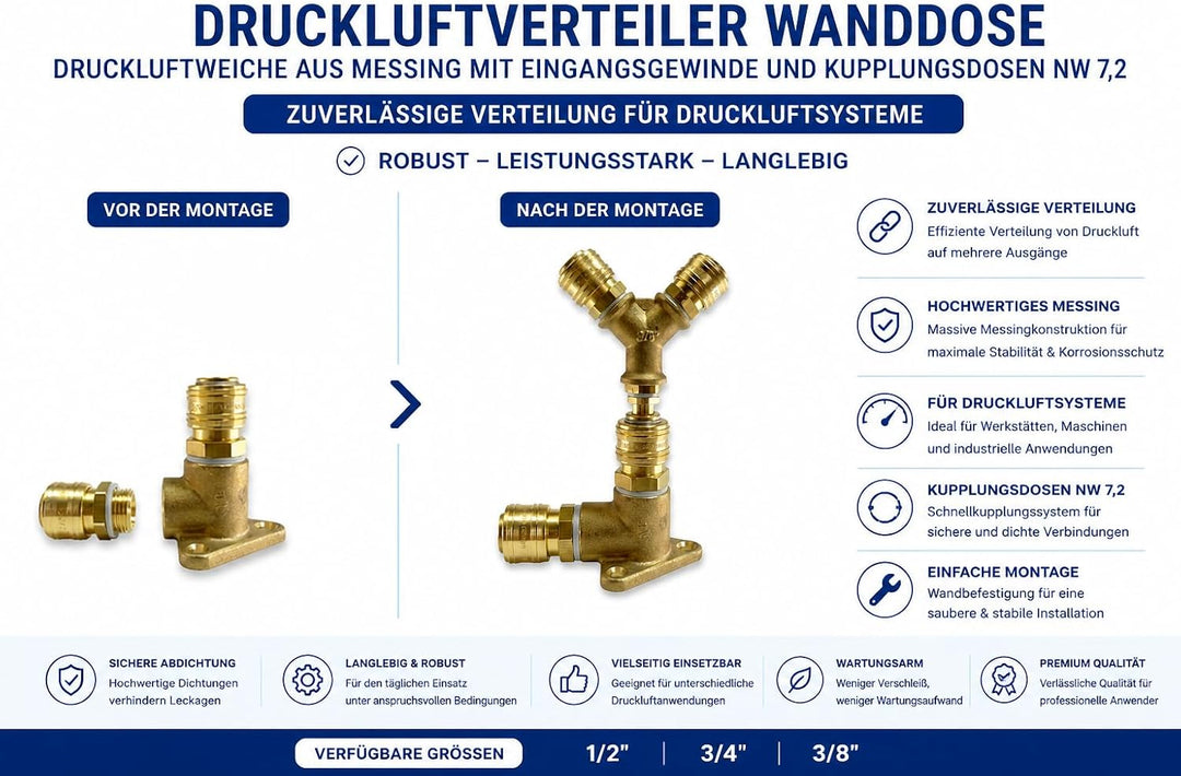 Druckluftverteiler Wanddose Druckluftweiche aus Messing mit 1/2" Eingangsgewinde und Kupplungsdosen