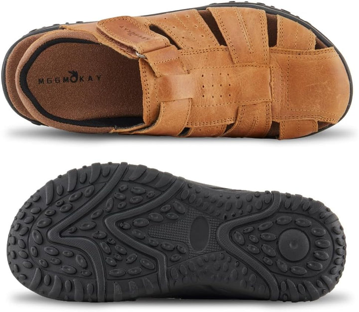 MGGMOKAY Herren Leder Sandalen Fisherman Closed Toe Outdoor Sandales 44 EU Bräunen, 44 EU Bräunen