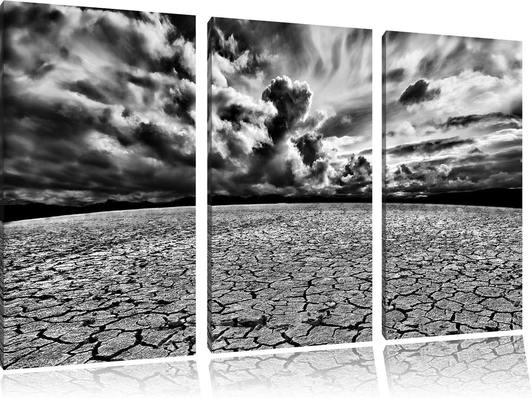 Pixxprint Monocrome, Ausgetrocknete Wüstenlandschaft 3-Teiler Leinwandbild 120x80 Bild auf Leinwand