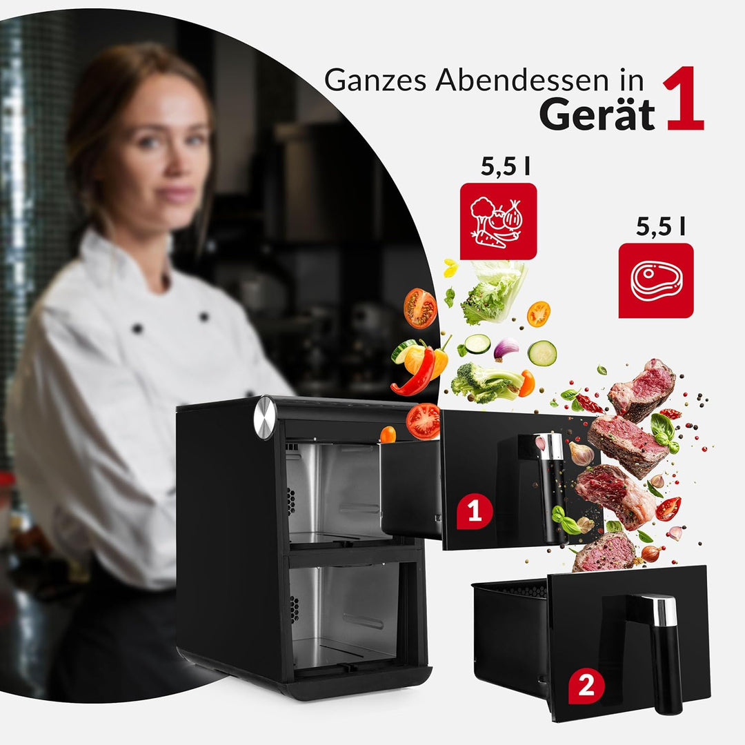 LEHMANN XXL Heissluftfritteuse 2 Kammern 11L, Airfryer Doppelkammer mit 2 vertikale Schubladen, 13 P