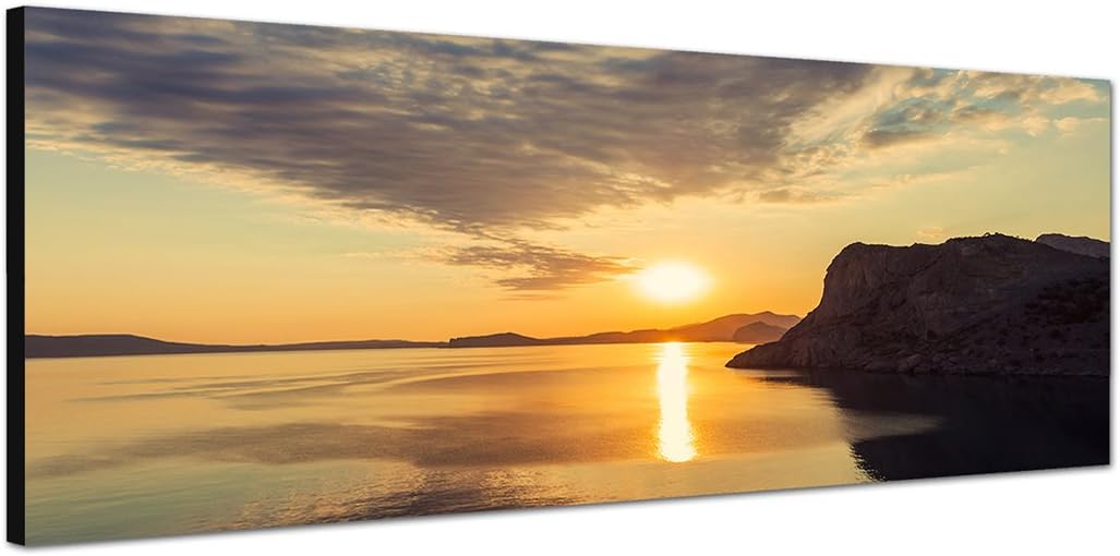 Paul Sinus Art Panoramabild auf Leinwand und Keilrahmen 150x50cm Meer Felsen Sonnenuntergang Spiegel