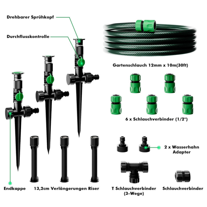RESTMO Rasensprenger mit Erdspiess zur Gartenbewässerung, Mehrfach einstellbares Rasensprinkler, Fle