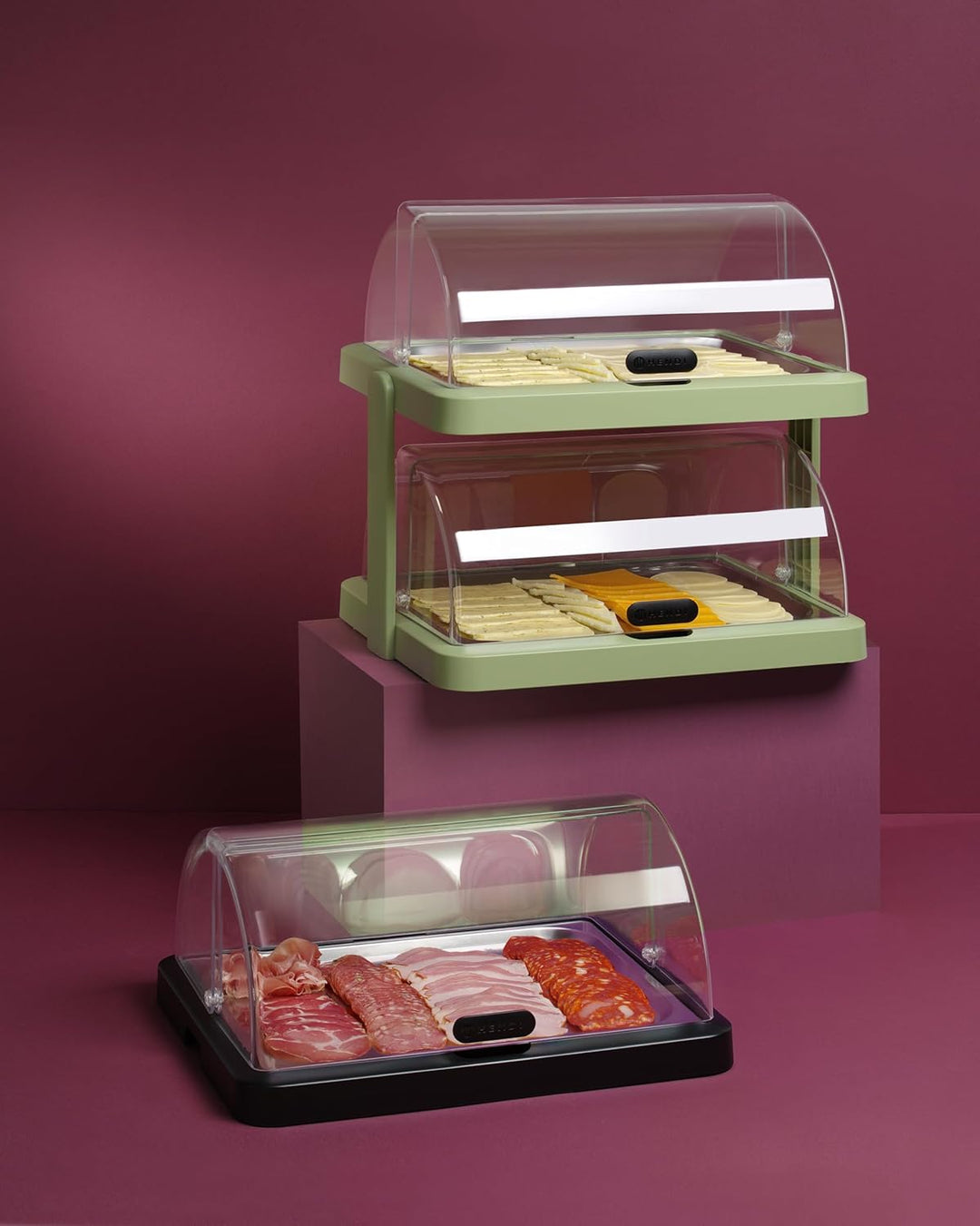 HENDI Buffet-Vitrine, gekühlt, mit 2 Kühlakkus, ABS Kunststoff Gehäuse, Edelstahl Serviertablett, Ro
