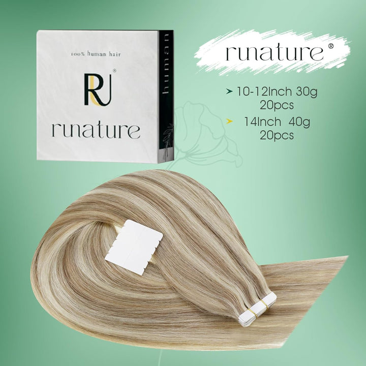 RUNATURE Tape in Extensions Braun Blond 55cm Echthaar Extensions Tape in 50g Tape Extensions Echthaa