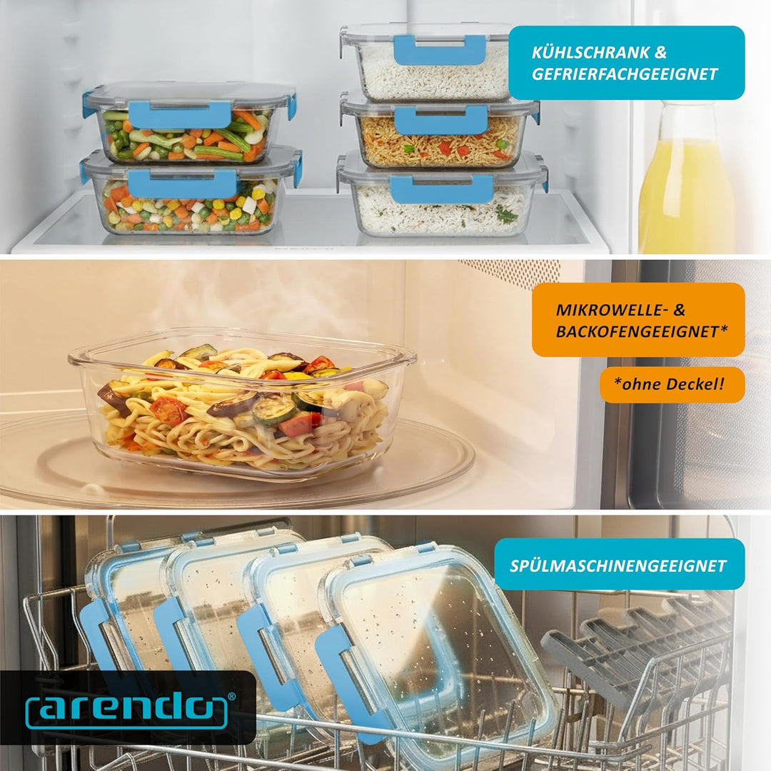 Arendo - Lunchboxen Glas - Frischhaltedosen für Lebensmittel mit Deckel luftdicht - 5er Set - 1000 m