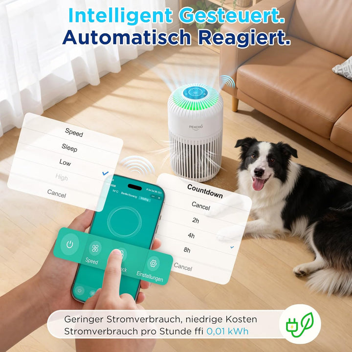 PEXCHO Luftreiniger allergiker, Upgrade 4-in-1 HEPA Filter, Luftfilter mit App Steuerung Timer Aroma