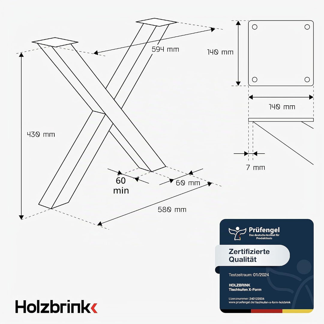 HOLZBRINK Tischkufen X-Form aus Vierkantprofilen 60x60 mm, x-förmiges Tischgestell 60x43 cm, Anthraz