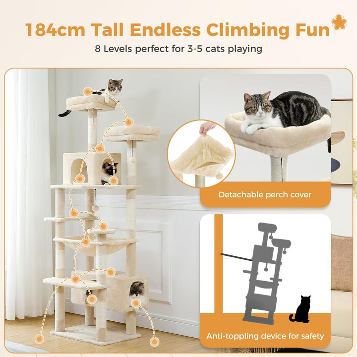PAWZ Road Kratzbaum Grosse Katzen Stabil, 184 cm hoch, 7 Sisalpfosten, Grosser Sitzstange, Höhle, Kö