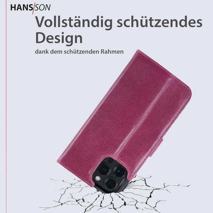 HANS/SON Hülle aus Echtleder mit Kartenfächern | iPhone 12 Pro Max Klapphülle in Magenta | Geldbeute