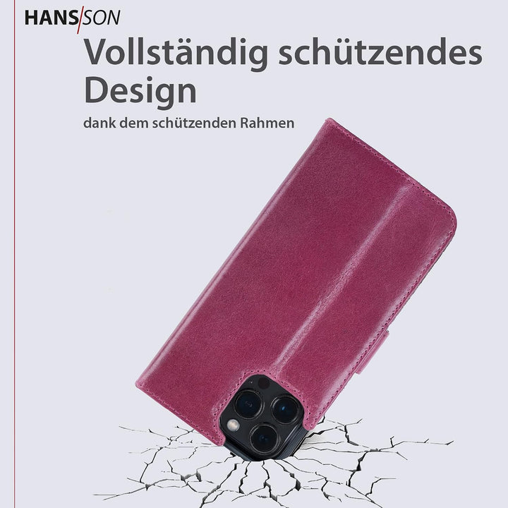 HANS/SON Handyhülle aus Echtleder mit Kartenfächern in Magenta | Pinke iPhone 13 Pro Max Klapphülle