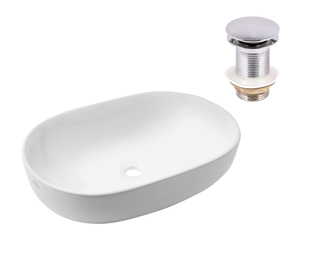 VBChome Waschbecken 60 x 41 cm Keramik Weiss Oval Pop-up ventil Click-Clack Waschtisch Handwaschbeck