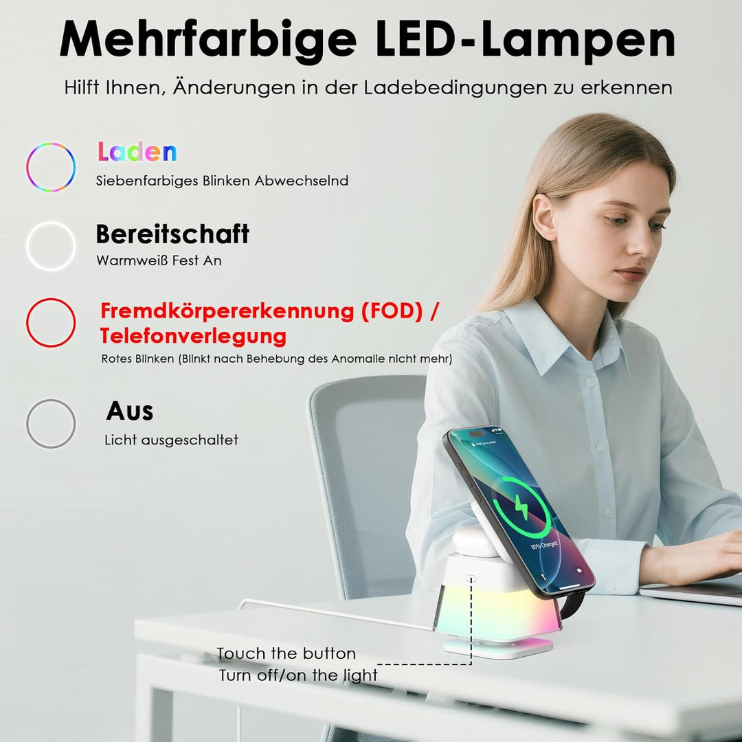 Minthouz 3-in-1 MagSafe Ladestation mit Nachtlicht, Induktive Ladestation für Apple Watch und iPhone