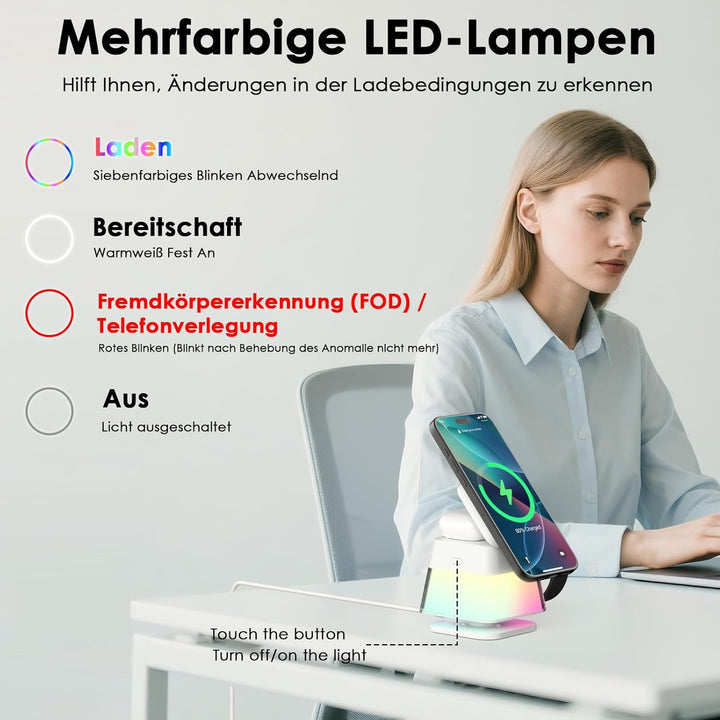 Minthouz 3-in-1 MagSafe Ladestation mit Nachtlicht, Induktive Ladestation für Apple Watch und iPhone