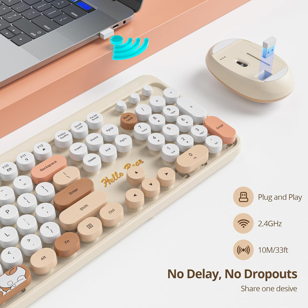 Retro Kabellose Tastatur und Maus, Amerikanisch QWERTY，104 Schreibmaschinentastatur in Voller Grösse
