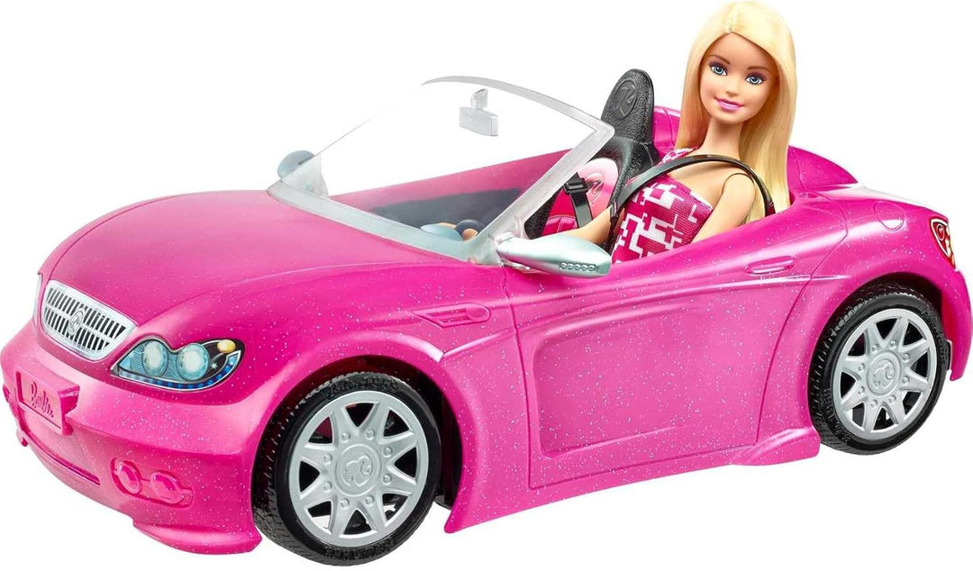 Barbie Puppe und Cabrio in rosa mit Glitzer, realistische Reifen und Barbie Logo, Spielzeug ab 3 Jah