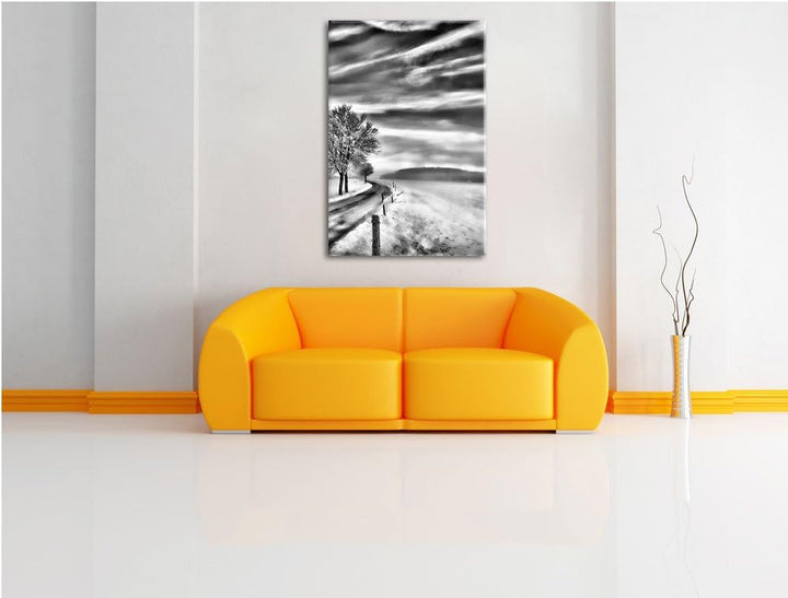 Monocrome, Baum im Schnee, Format: 100x70 auf Leinwand, XXL riesige Bilder fertig gerahmt mit Keilra
