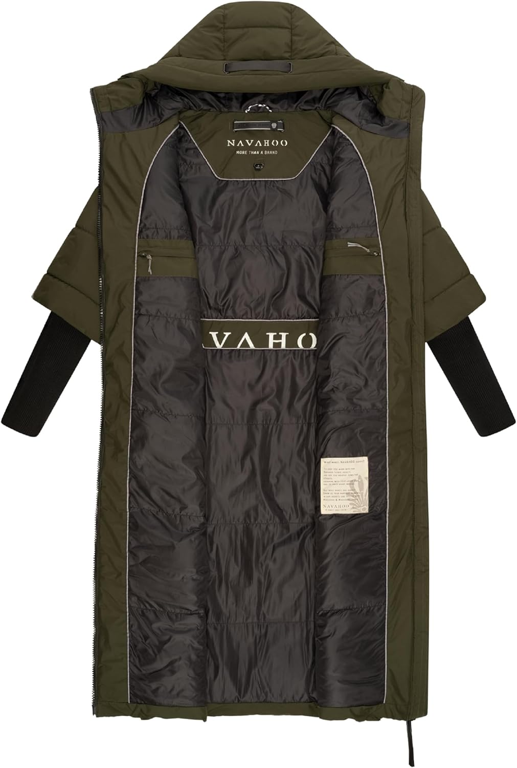 Navahoo Damen Wintermantel warmer Steppmantel lang mit Kapuze und Rippstrickärmeln Ciao Miau XIV XS-