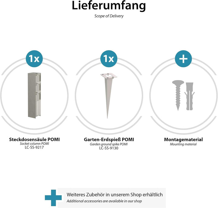 ledscom.de Garten-Steckdosen-Säule POMI mit Erdspiess für aussen, IP44, 3-Fach, Edelstahl, eckig, 33