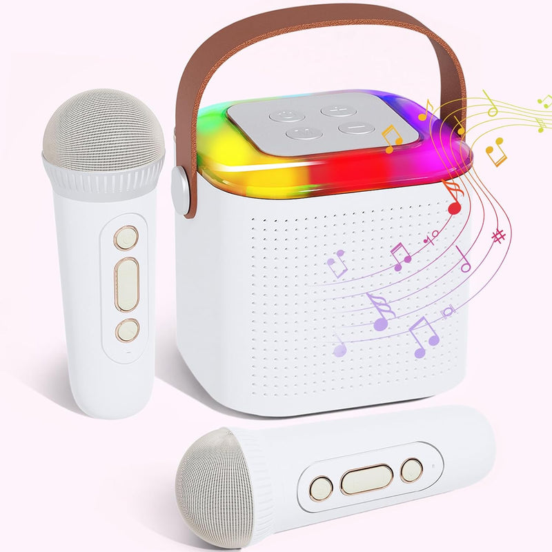 Karaoke Maschine für Kinder, Tragbarer Mini Bluetooth Karaoke Lautsprecher mit 2 kabellosen Mikrofon