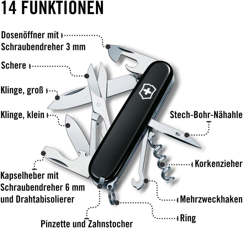 Victorinox Taschenmesser Climber (14 Funktionen, grosse Klinge, Kapselheber) 91mm Schwarz, Schwarz