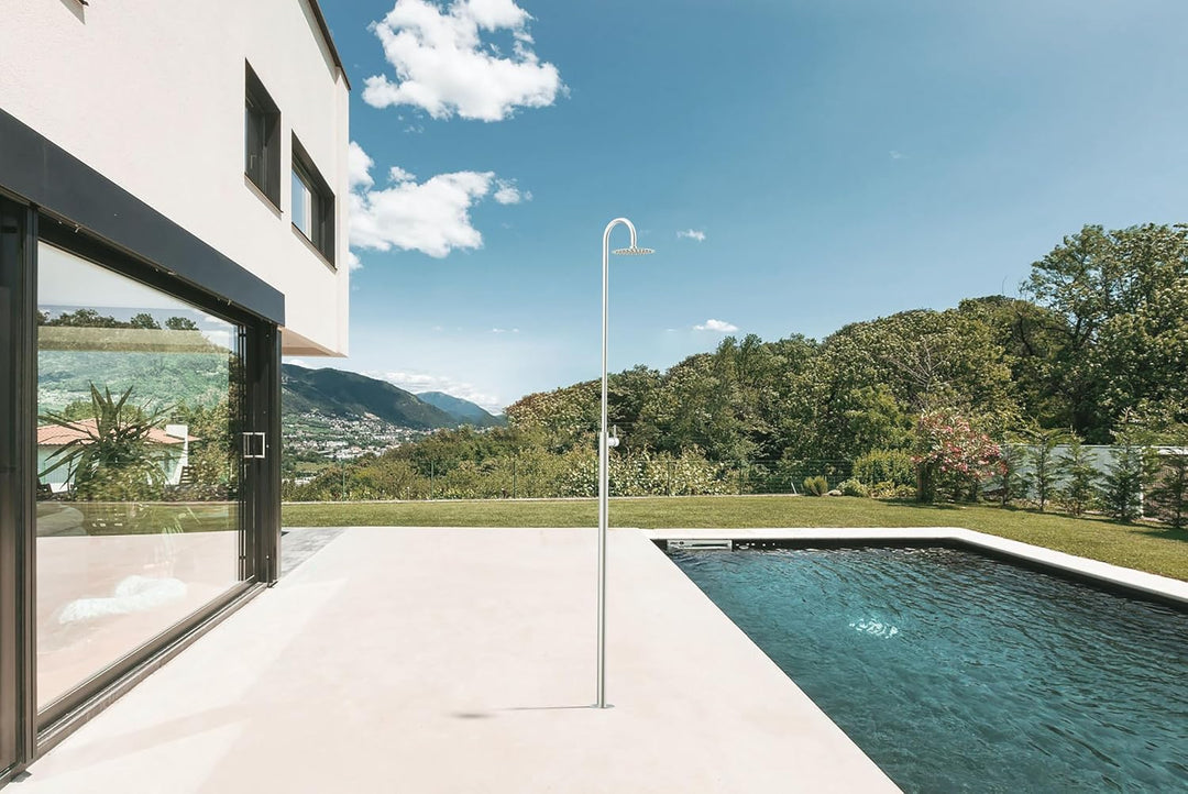 Gartendusche Classic SPRING 229 cm Edelstahl gebürstet Outdoor Dusche mit Regenduschkopf Ø20 cm Pool