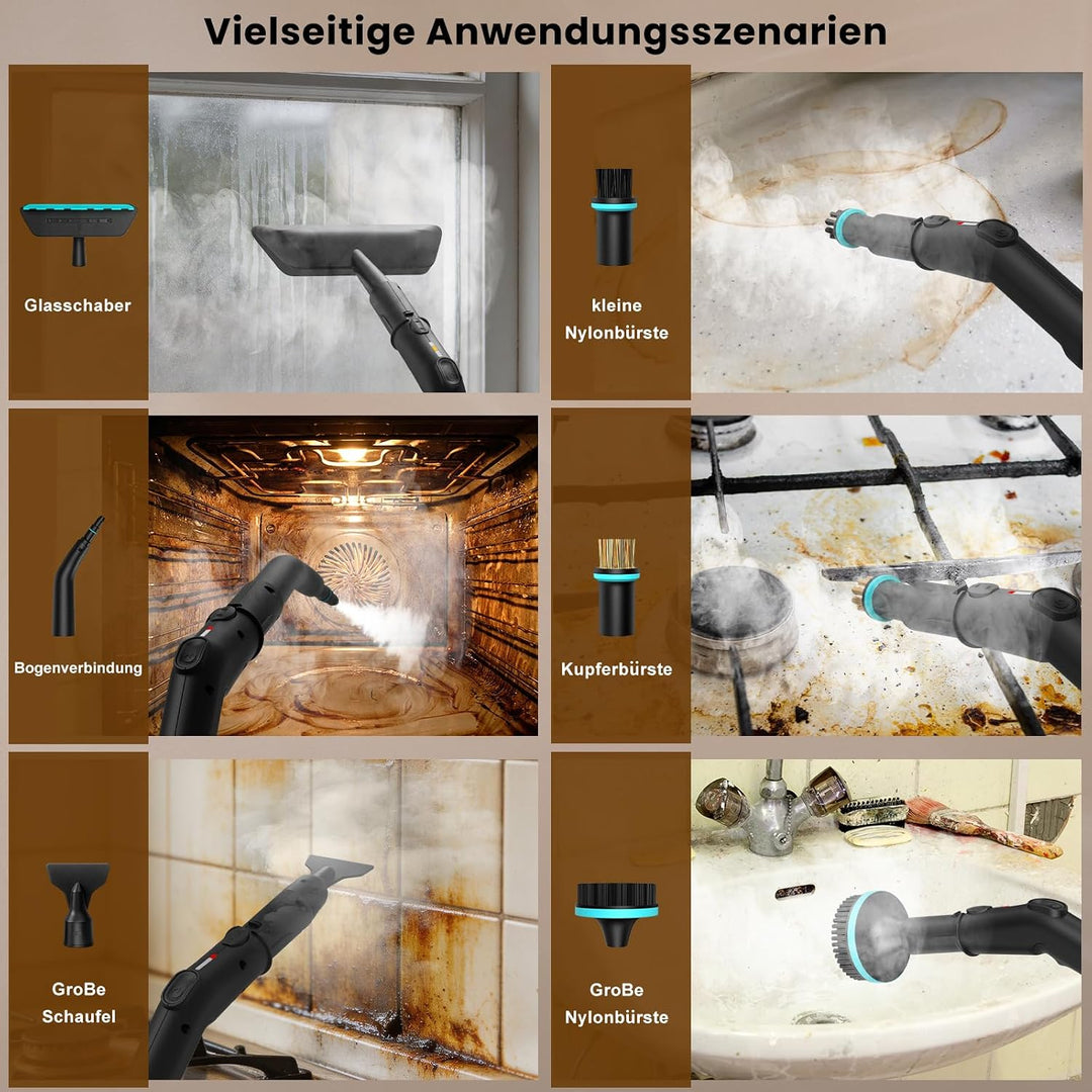 14 in 1 Dampfreiniger, 3 Stufig Einstellbarer Griff, Temperaturanzeige, 15 Sekunden Aufheizzeit, 1,8