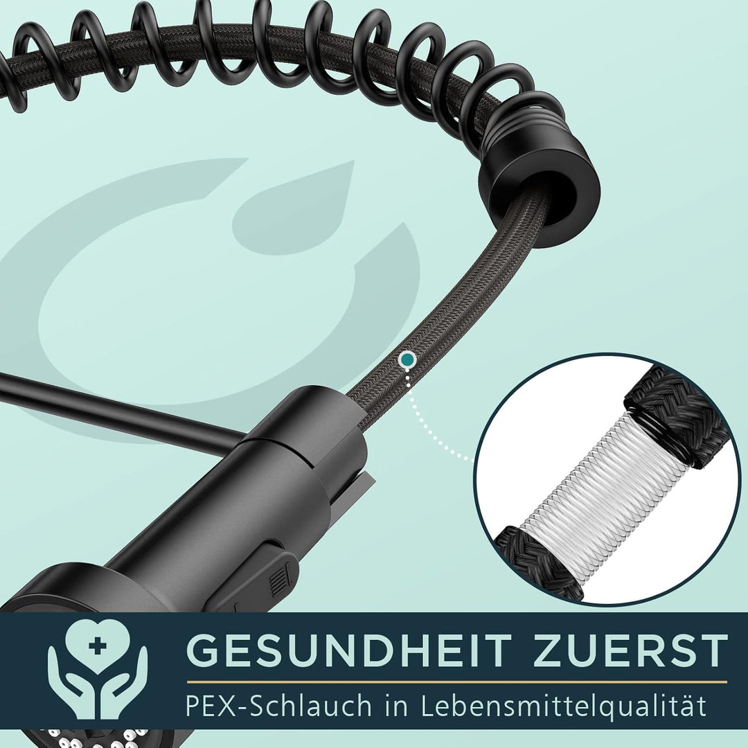 FORIOUS Wasserhahn Küche Schwarz, Hoher Bogen Hochdruck Küchenarmatur mit Herunterziehen Brause Arma