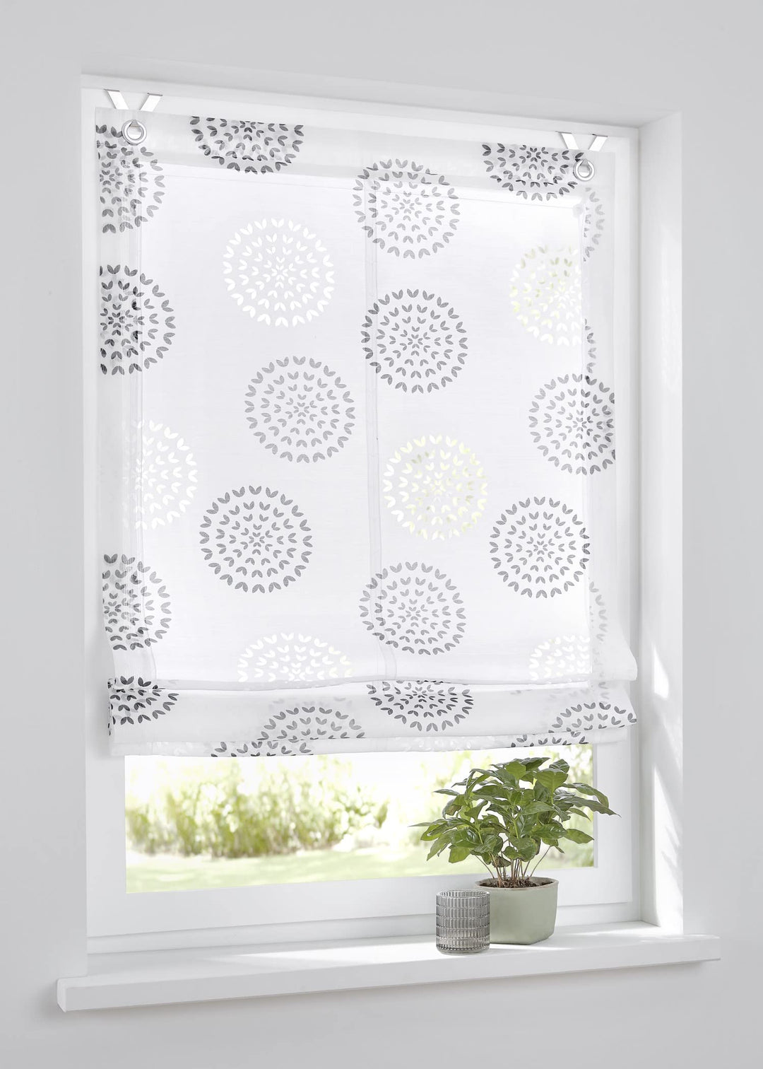 Kutti Raffrollo Ösenrollo Bella Ausbrenner Weiss anthrazit Bedruckt Kreis Motiv, incl. Fensterhaken