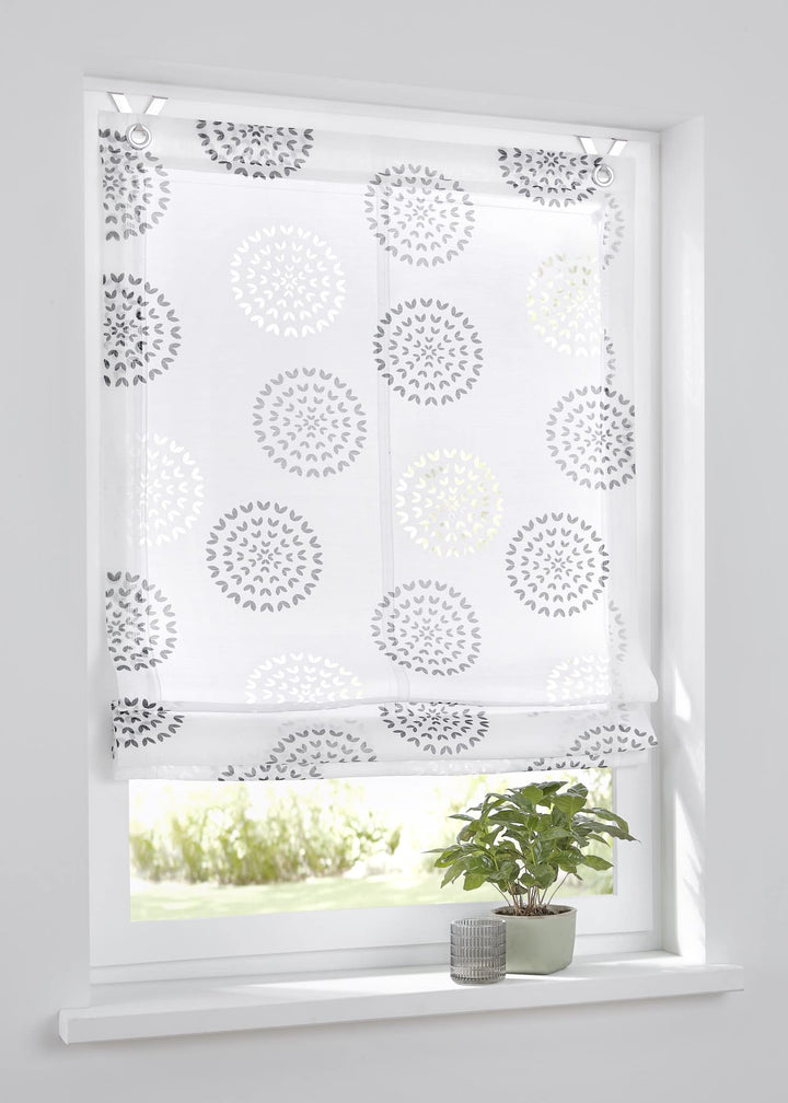 Kutti Raffrollo Ösenrollo Bella Ausbrenner Weiss anthrazit Bedruckt Kreis Motiv, incl. Fensterhaken