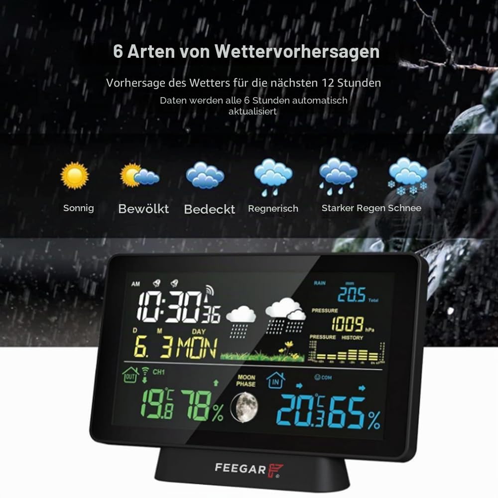 Wireless Weather Station with Digital Rain Gauge, Feegar Forecaster LCD 7,5" Indoor Outdoor Temperat