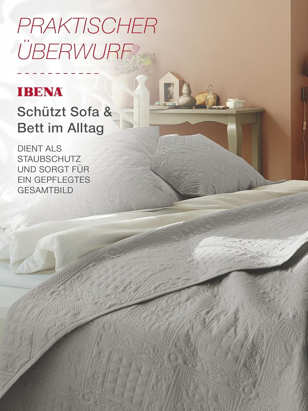 Ibena Nancy Tagesdecke 220x250 cm - modernes Muster, maschinenwaschbar, einfarbiger Bettüberwurf hel