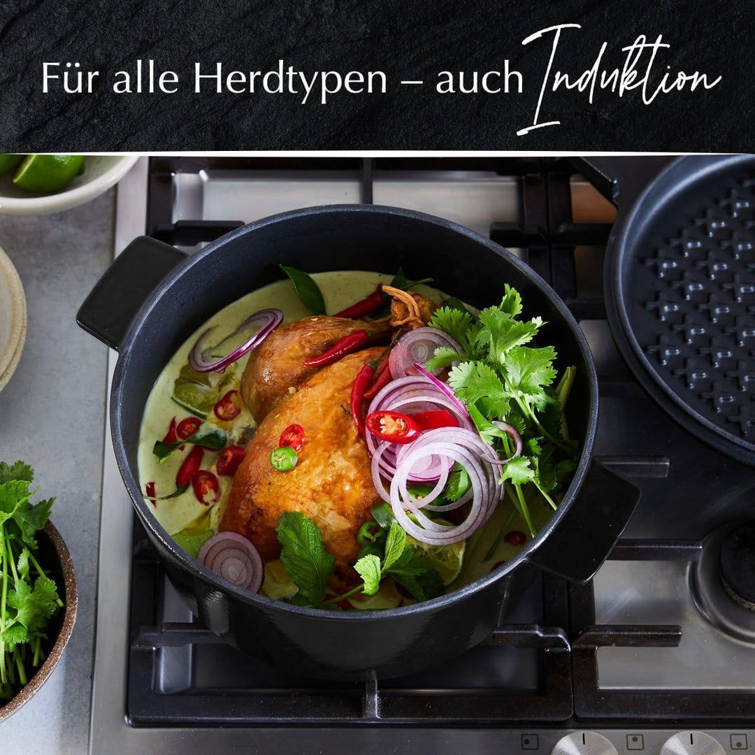 Stanley Rogers Cocotte runder Gusseisen Bräter emailliert 6,5l 28cm schwarz I Praktische Grillpfanne