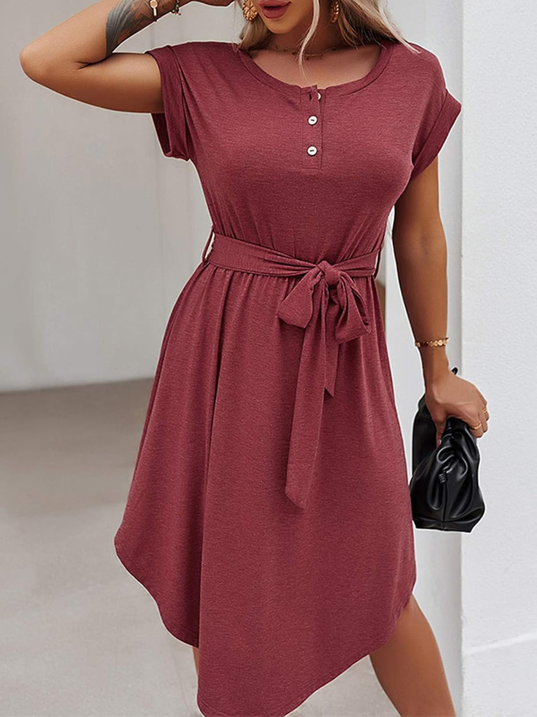 Bequemer Laden Damen Sommer Kleid Knopfleiste Kurzarm Midi Kleider Elegant Sommerkleid Businesskleid