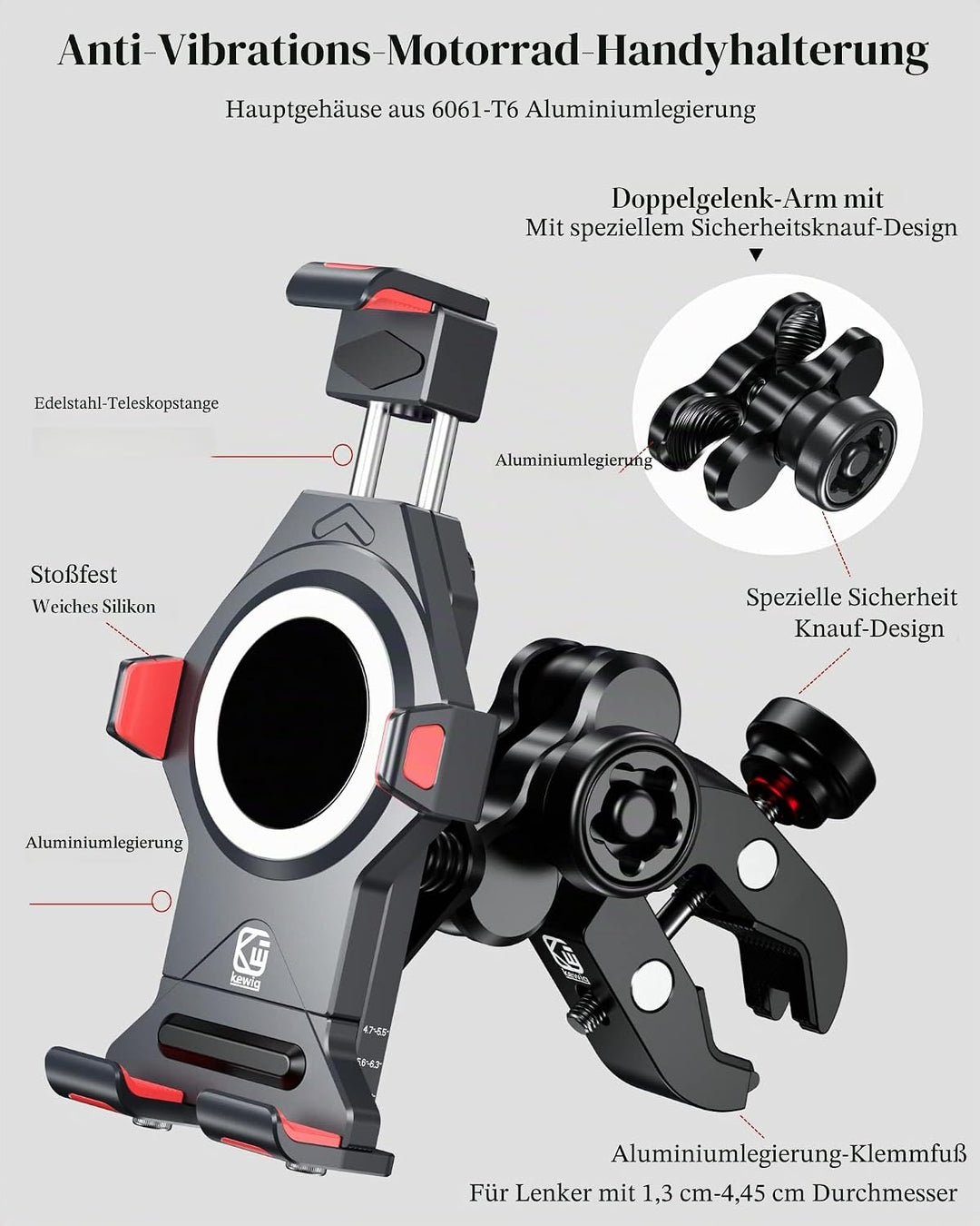 BRCOVAN Motorrad Handyhalterung mit Vibrationsdämpfer, Diebstahlsichere Aluminiumlegierung Handy Mot